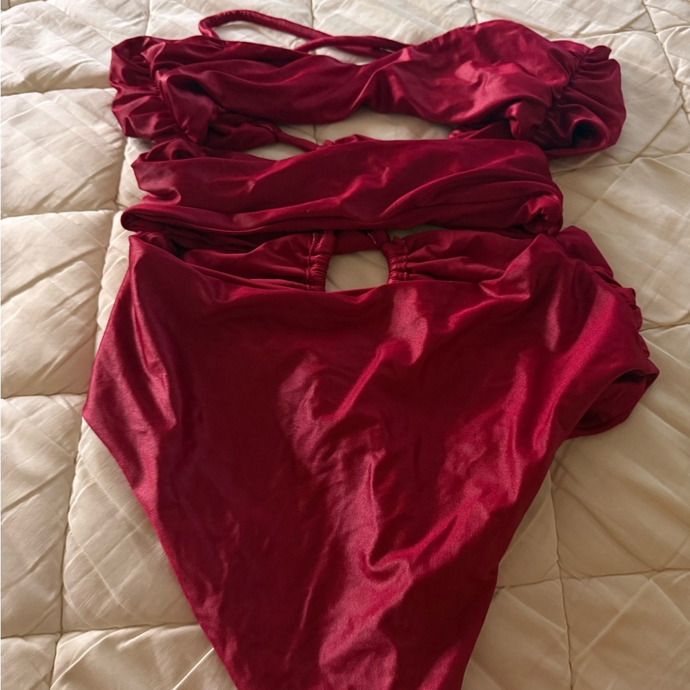 Elegant Crimson Bandeau Swim Set